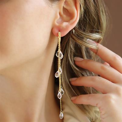 Damla Sallantılı Kristal Gold Gümüş Küpe