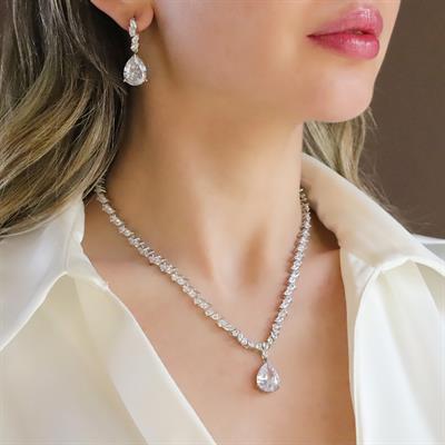 Damla Taşlı Işıltılı Gümüş Set