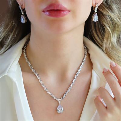 Damla Taşlı Işıltılı Gümüş Set