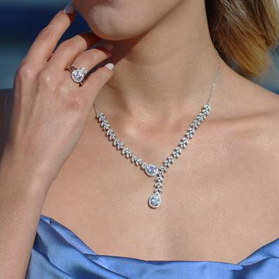 Damla Yaprak Modeli Taşlı Gümüş Set