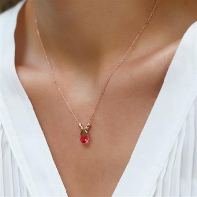 Doğaltaşlı Damla Rose Gold Gümüş Kolye