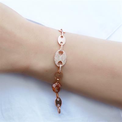 Düğme Modeli Zirkon Taşlı Rose Gold Kaplama Gümüş Bileklik