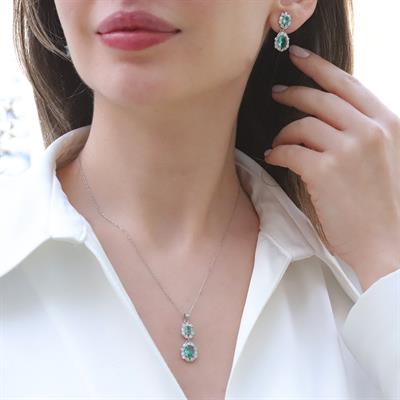 Elips Çiçek Paraiba Taşlı Gümüş Set