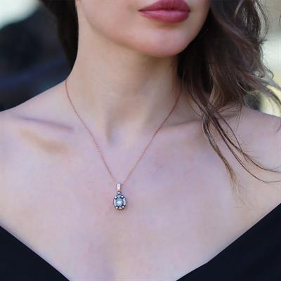Elips Elmas Montür Rose Gold Gümüş Kolye