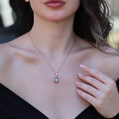 Elips Elmas Montür Rose Gold Gümüş Kolye