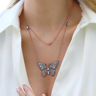 Elmas Montür Model Kelebek Gümüş Kolye