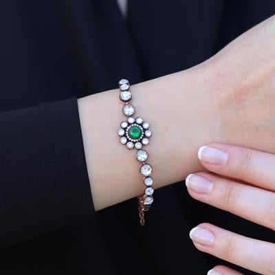 Elmas Montür Rose Gold Kaplama Zümrüt Taşlı Gümüş Bileklik