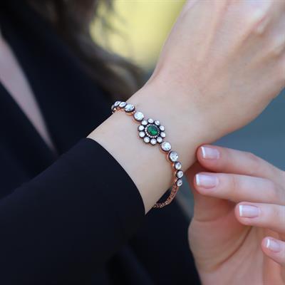 Elmas Montür Rose Gold Kaplama Zümrüt Taşlı Gümüş Bileklik