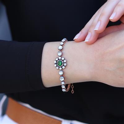 Elmas Montür Rose Gold Kaplama Zümrüt Taşlı Gümüş Bileklik