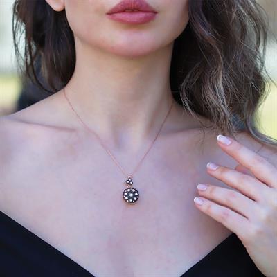 Elmas Montür Yuvarlak Rose Gold Gümüş Kolye