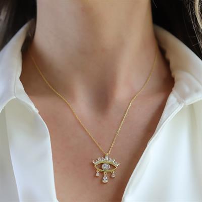 Göz Modeli Damla Taşlı Gold Gümüş Kolye