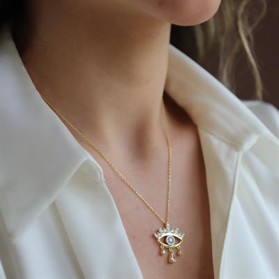 Göz Modeli Damla Taşlı Gold Gümüş Kolye