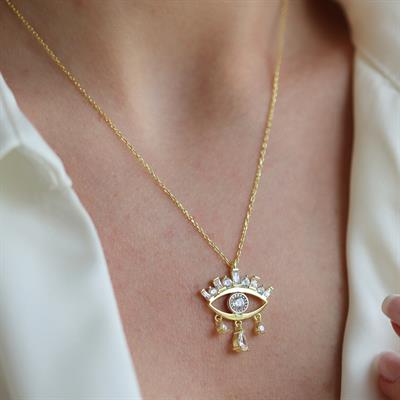 Göz Modeli Damla Taşlı Gold Gümüş Kolye