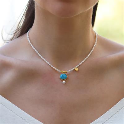 Göz Turkuaz İncili Gold Doğaltaşlı Gümüş Kolye