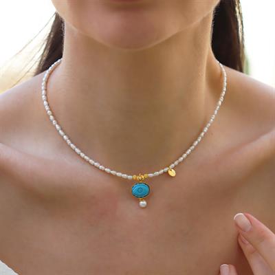 Göz Turkuaz İncili Gold Doğaltaşlı Gümüş Kolye