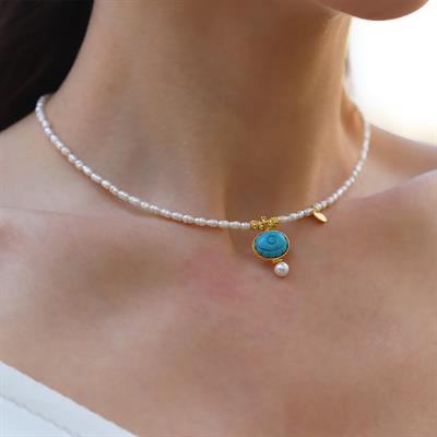 Göz Turkuaz İncili Gold Doğaltaşlı Gümüş Kolye