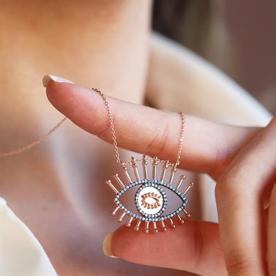 Göz Turkuaz Taşlı Rose Gold Gümüş Kolye