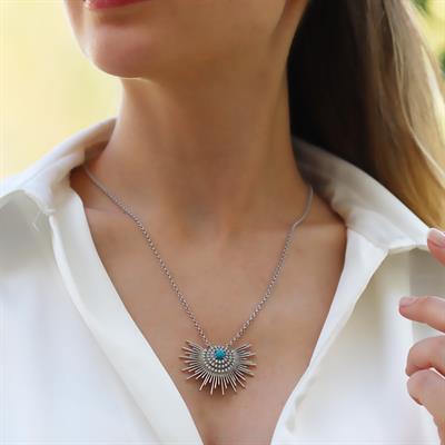 Güneş Model Turkuaz Taşlı Gümüş Kolye