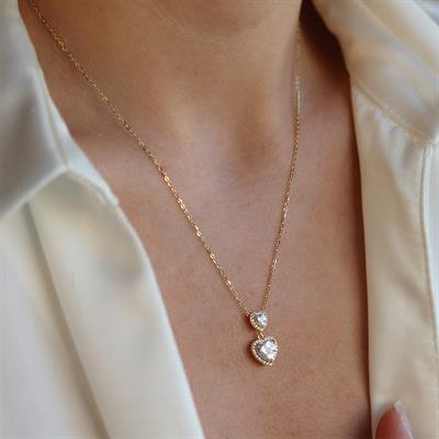 İkili Kalp Gold Gümüş Kolye