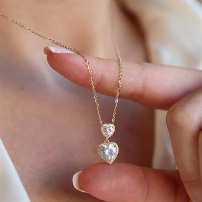 İkili Kalp Gold Gümüş Kolye
