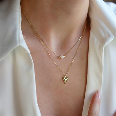 İkili Kalp İncili Kombin Kolye