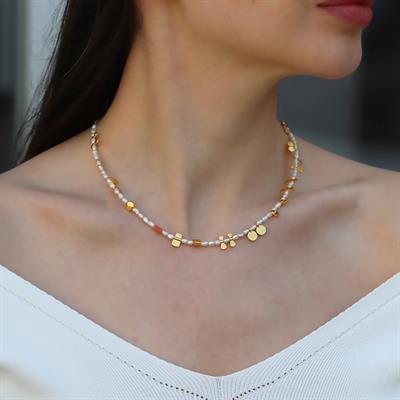 İnci Doğaltaşlı Gold Gümüş Kolye