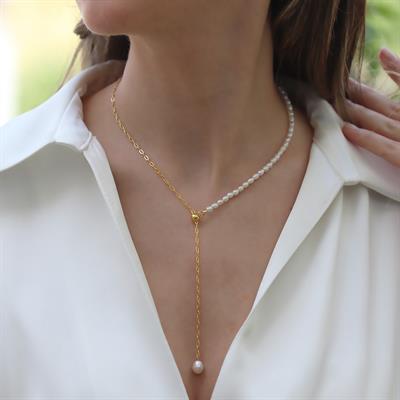 İncili Asansörlü Gold Gümüş Trend Kolye