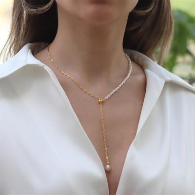 İncili Asansörlü Gold Gümüş Trend Kolye