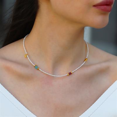 İncili Figürlü Doğaltaşlı Gold Gümüş Kolye