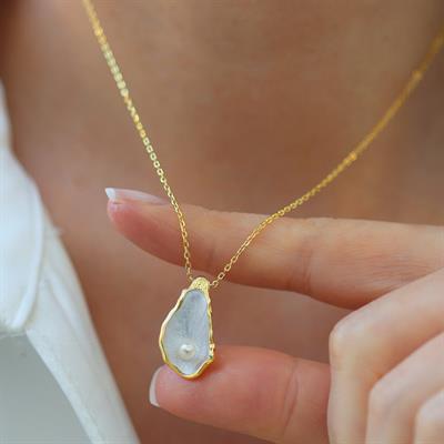 İstiridye İncili Damla Gold Gümüş Set
