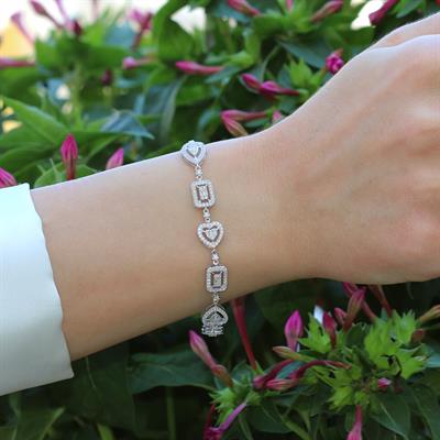 Kalp Baget Damla Figürlü Zirkon Taşlı Gümüş Bileklik