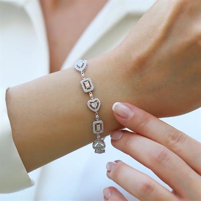 Kalp Baget Damla Figürlü Zirkon Taşlı Gümüş Bileklik