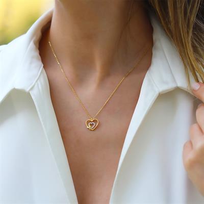 Kalp Düğüm Zirkon Taşlı Gold Gümüş Kolye