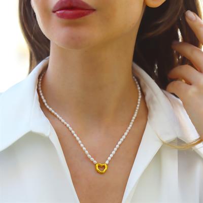 Kalp Gold Kaplama Gümüş İnci Kolye