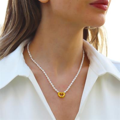 Kalp Gold Kaplama Gümüş İnci Kolye