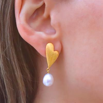 Kalp İncili Gold Gümüş Küpe