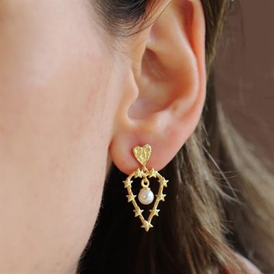 Kalp Karo İncili Gümüş Küpe