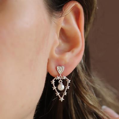 Kalp Karo İncili Gümüş Küpe