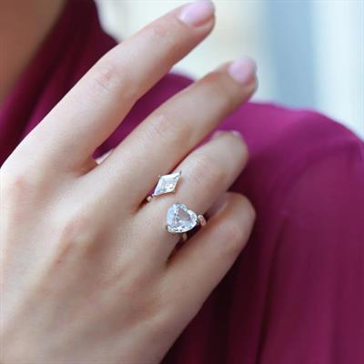 Kalp Karo Rose Gold Kaplama Ayarlanabilir Gümüş Yüzük