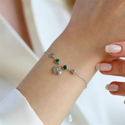 Kalp Yeşil Zirkon Taşlı Gümüş Bileklik