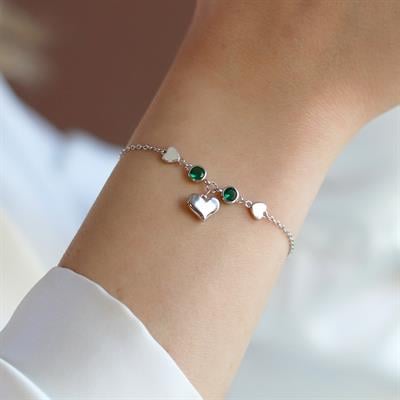 Kalp Yeşil Zirkon Taşlı Gümüş Bileklik