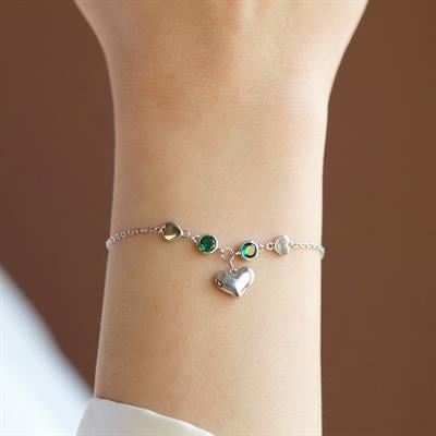 Kalp Yeşil Zirkon Taşlı Gümüş Bileklik