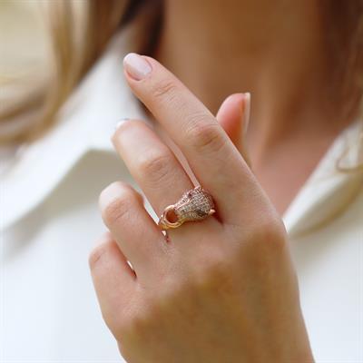 Kaplan Başlı Rose Gold Gümüş Yüzük