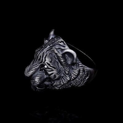 Kaplan Figürü Oksitli Gümüş Erkek Yüzük