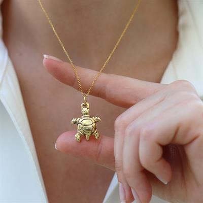 Kaplumbağa Bombeli Gold Gümüş Kolye
