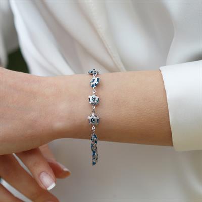 Kaplumbağa Nazarlı Camgöz Gümüş Bileklik