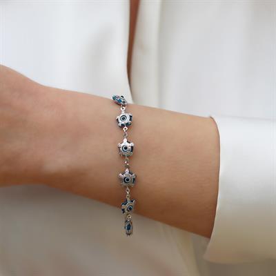 Kaplumbağa Nazarlı Camgöz Gümüş Bileklik