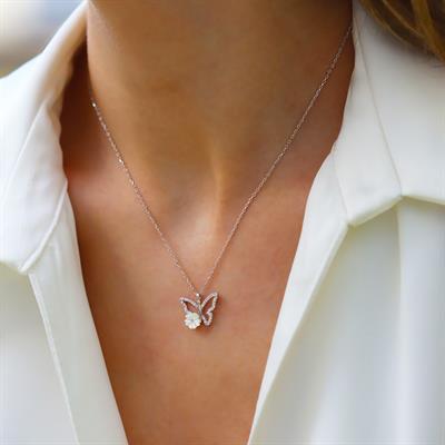 Kelebek Modeli Zambak Çiçeği Gümüş Kolye