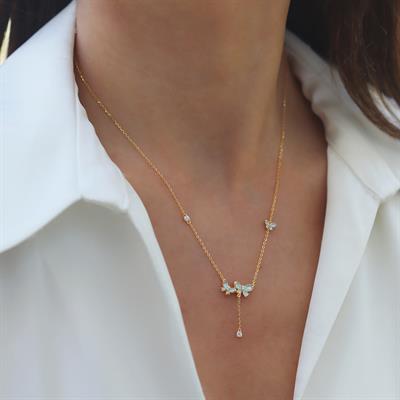 Kelebek Sarkıt Taşlı Zarif Gold Gümüş Kolye