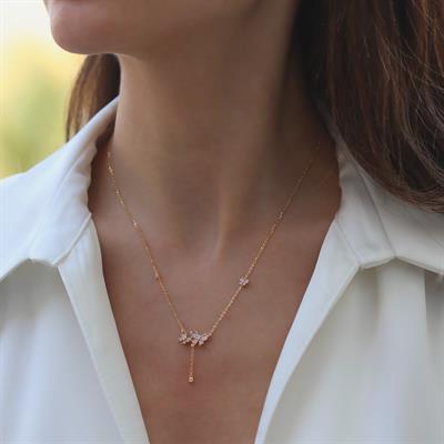 Kelebek Sarkıt Taşlı Zarif Gold Gümüş Kolye